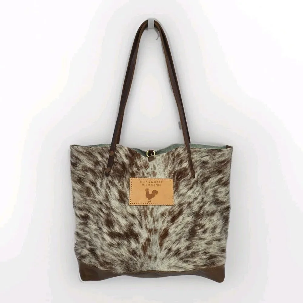 Meanwhile Back on the Farm Hair On Hide Cow XL 16" TOTE BAG AUTHENTIC $375 - Picture 2 of 9